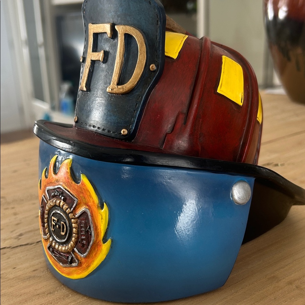 Ceramic Firefighter Helmet Planter in Red and Blue - Picture 2 of 6